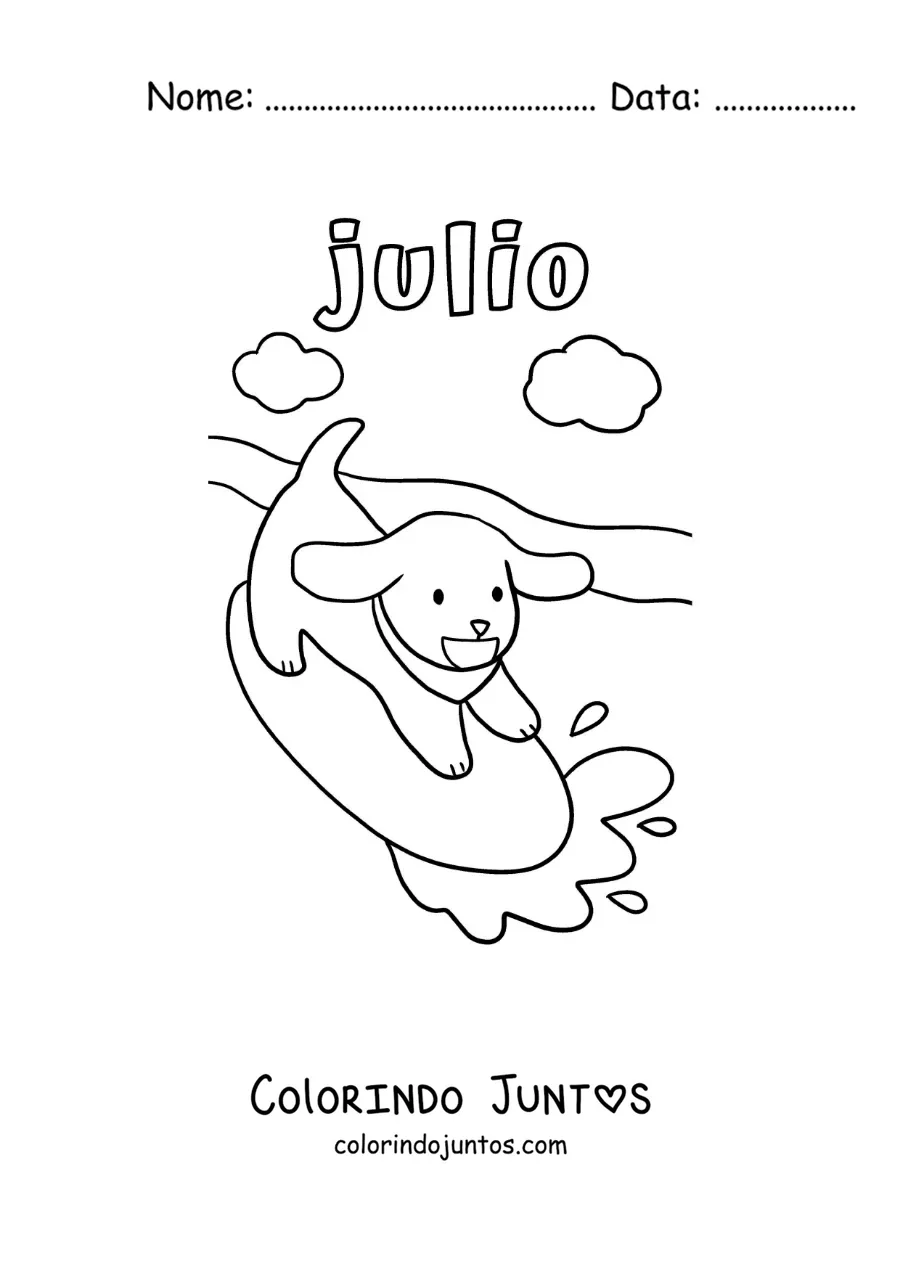 Desenho para colorir de julho com um cachorro animado surfando