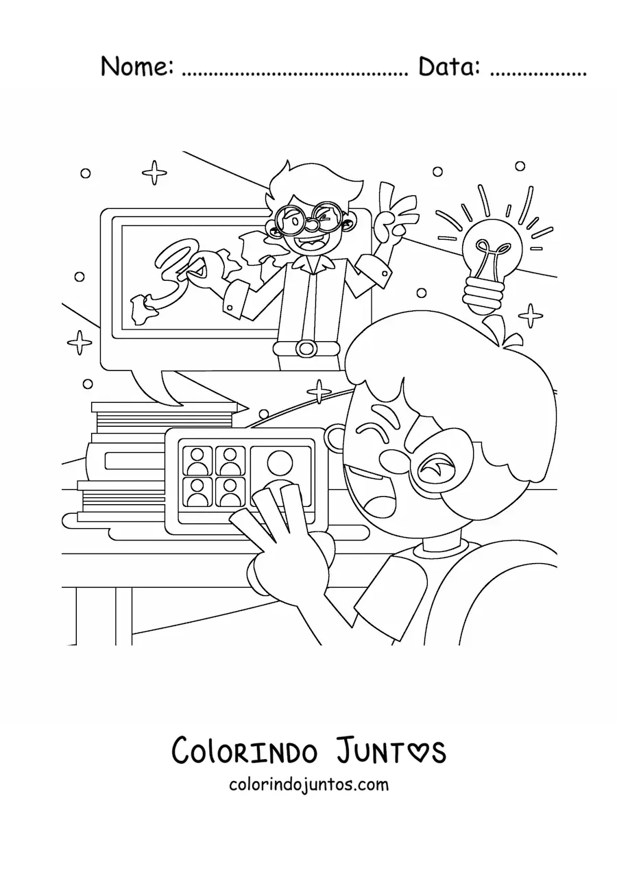 Desenho para colorir de um aluno vendo no notebook o professor dando aula