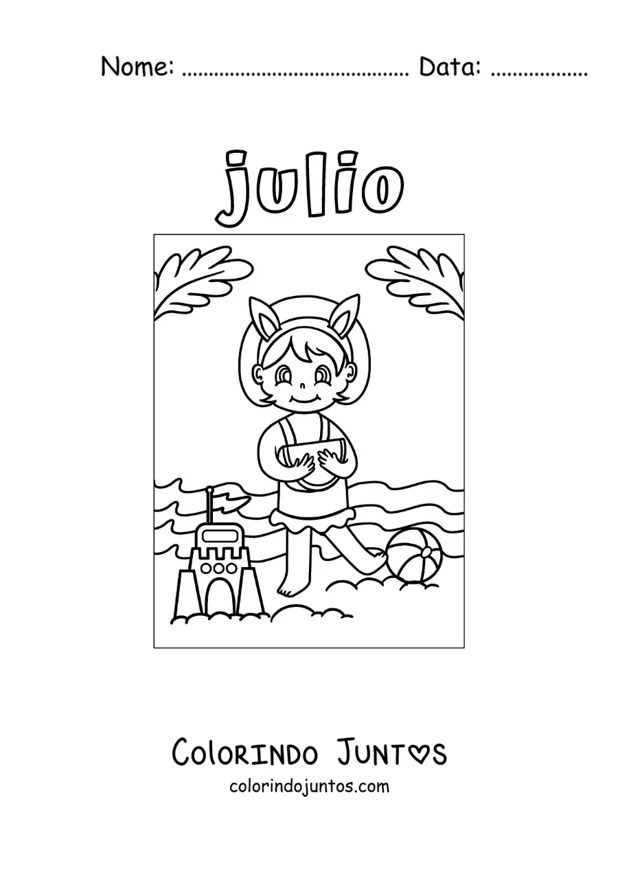 Desenho para colorir de julho com uma menina na praia fazendo um castelo de areia