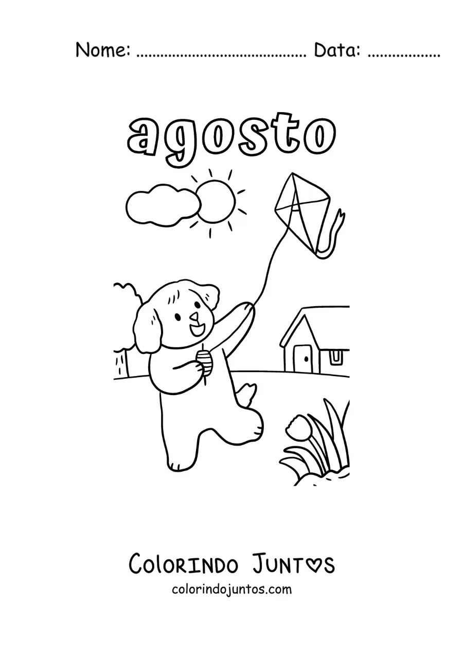 Desenho para colorir de agosto com um cachorro animado empinando uma pipa