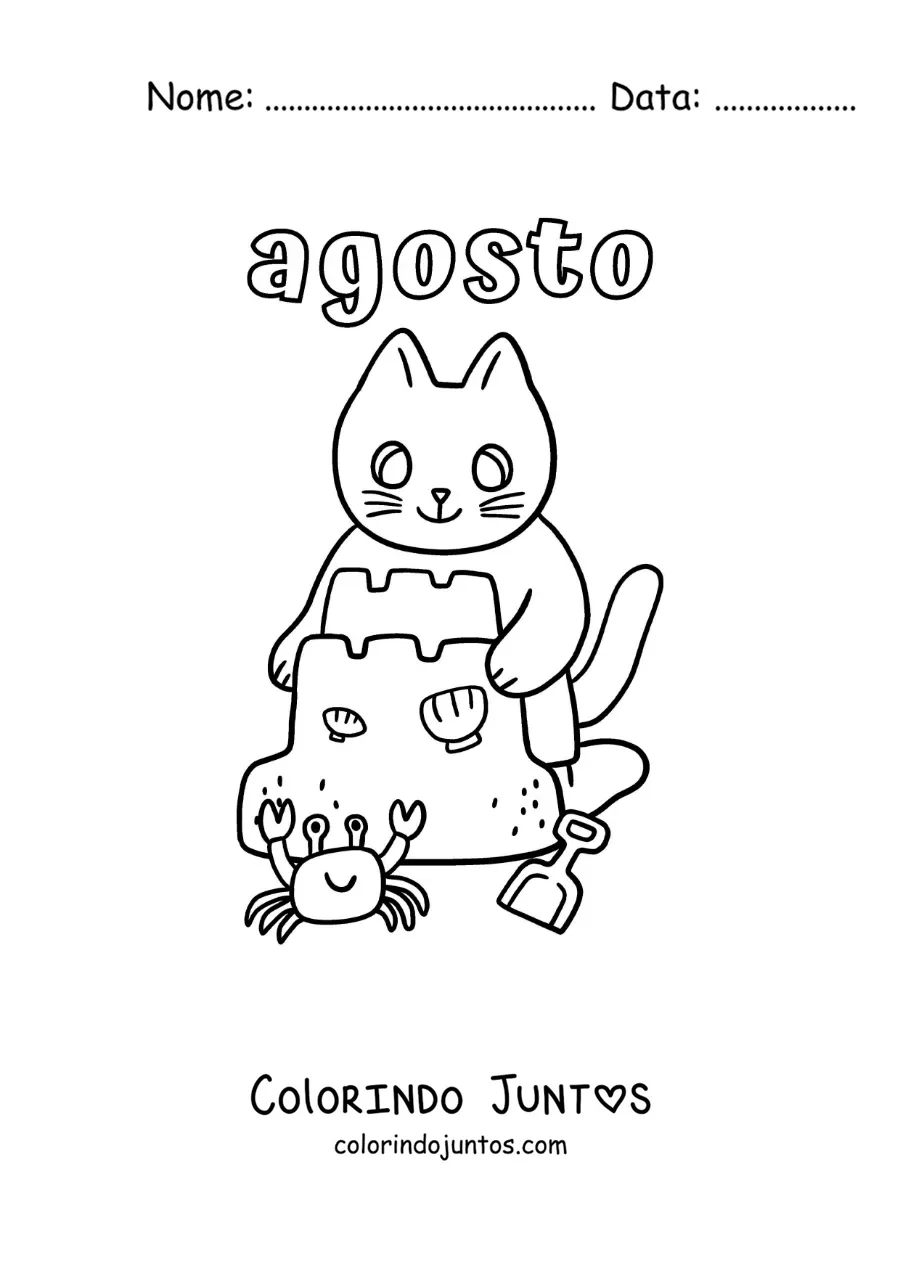 Desenho para colorir de agosto com um gato animado fazendo um castelo de areia