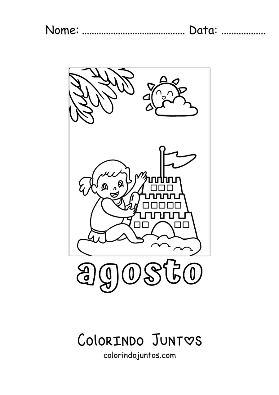 Desenho para colorir de agosto com uma menina de férias fazendo um castelo de areia