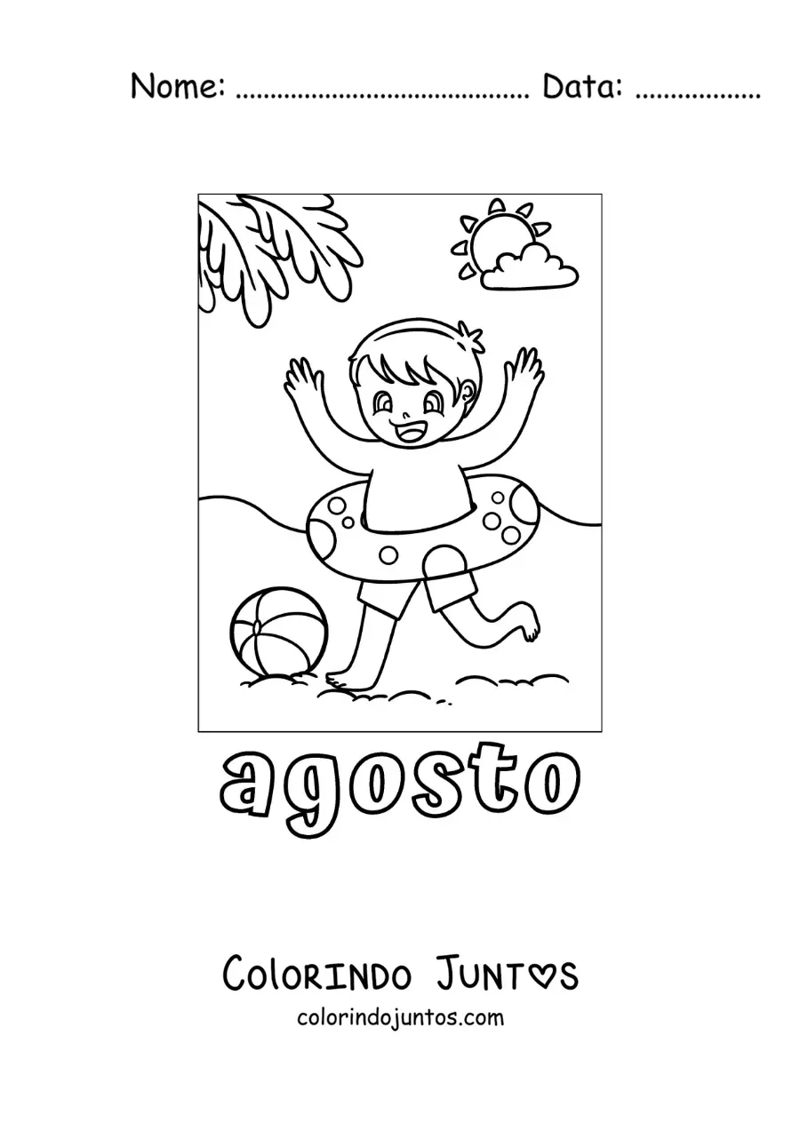 Desenho para colorir de agosto com um menino brincando na praia