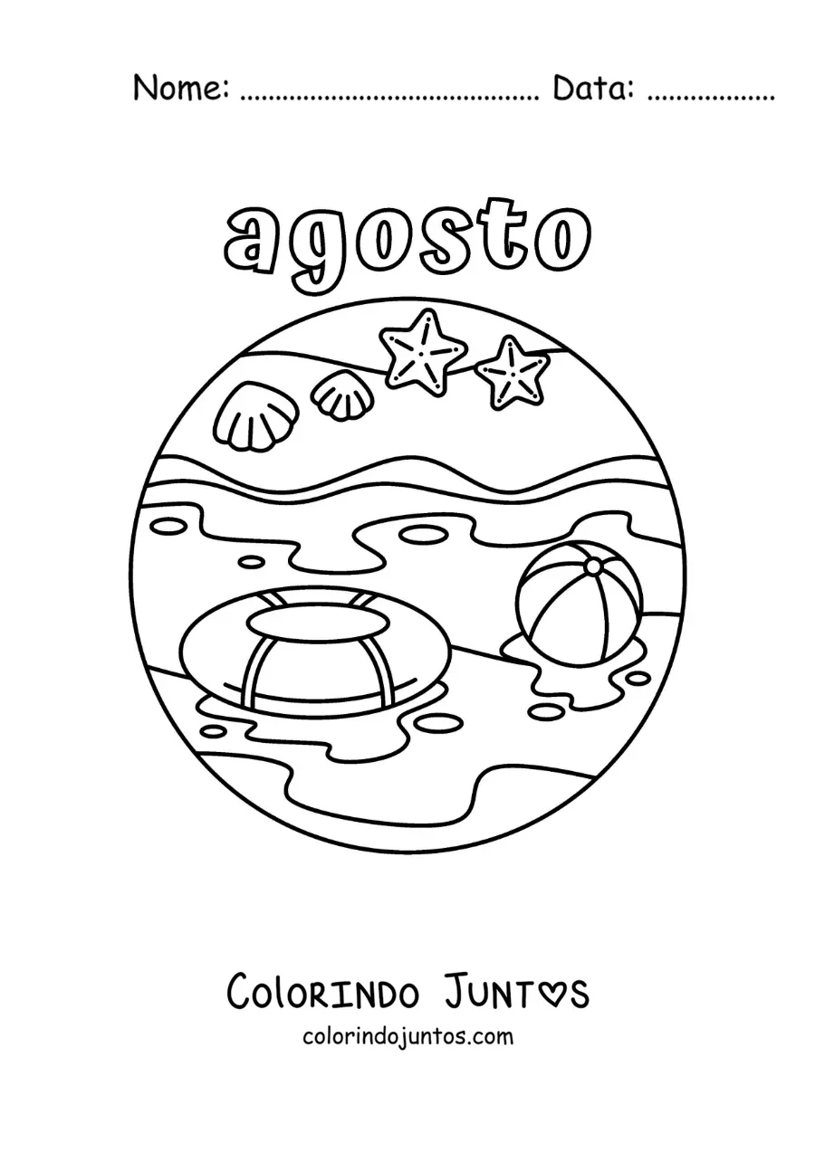 Desenho para colorir de agosto com uma paisagem de praia no verão