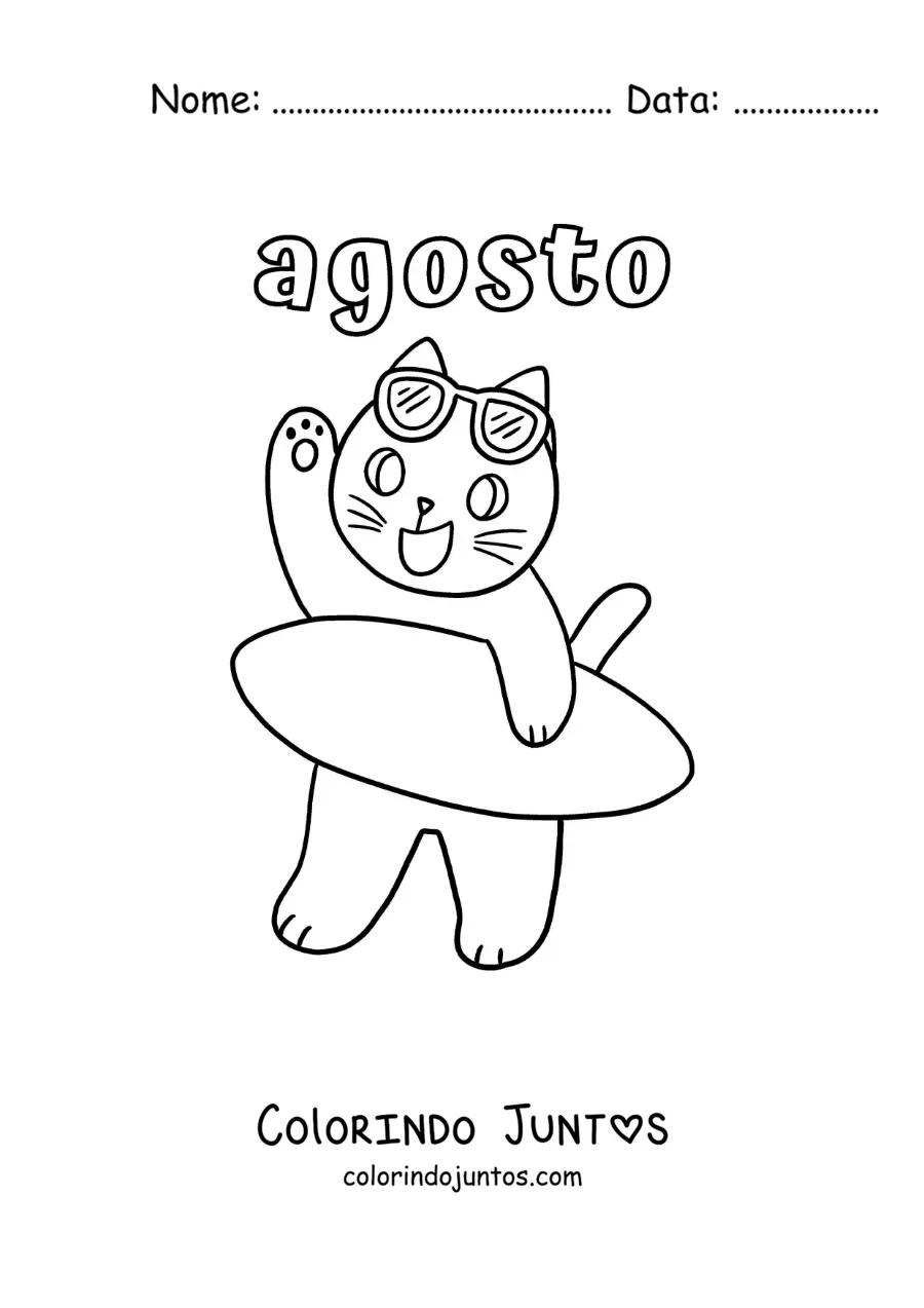 Desenho para colorir de agosto com um gato animado com uma prancha de surfe