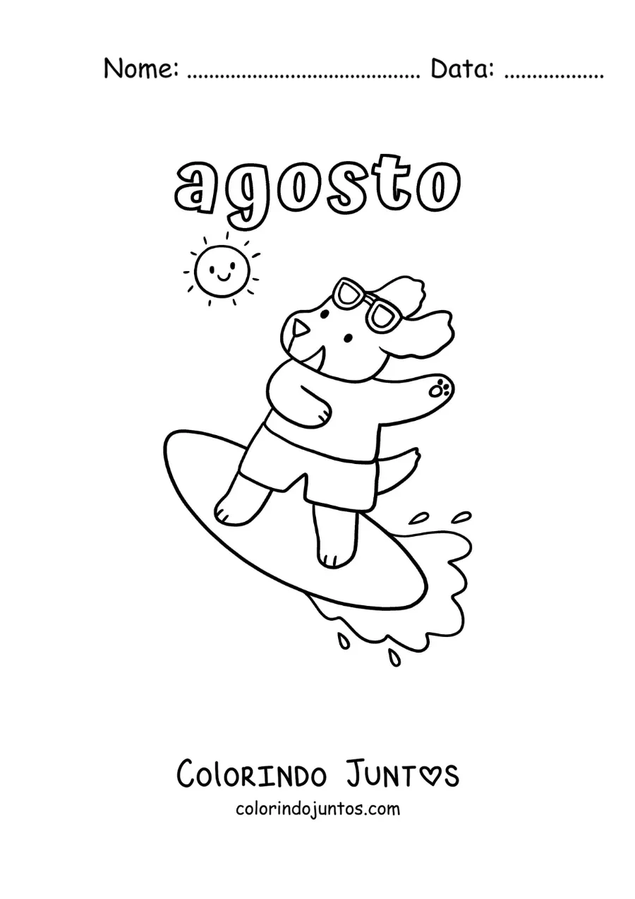 Desenho para colorir de agosto com um cachorro animado surfando