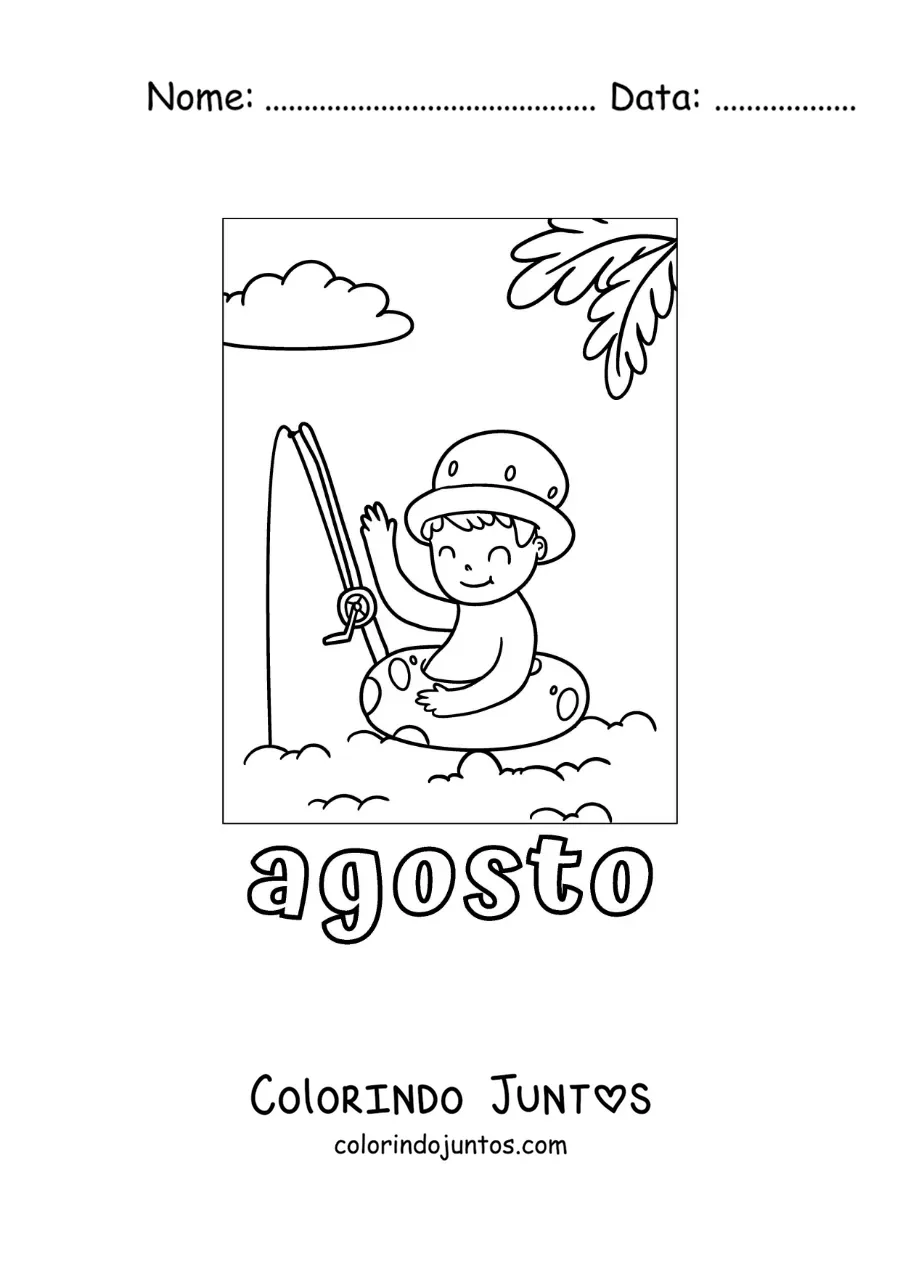 Desenho para colorir de agosto com um menino de férias pescando na praia