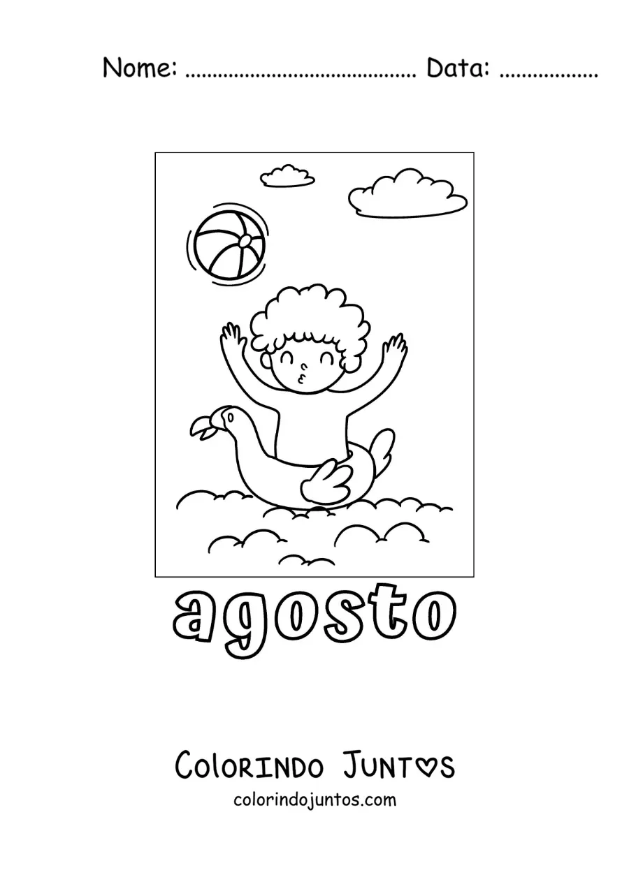 Desenho para colorir de agosto com um menino de férias brincando na piscina