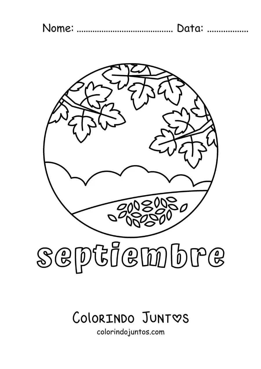 Desenho para colorir de setembro com folhas caindo no outono