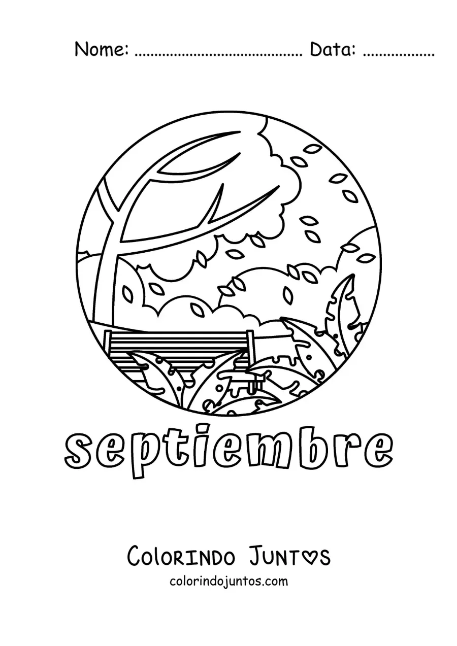 Desenho para colorir de setembro com uma paisagem de outono