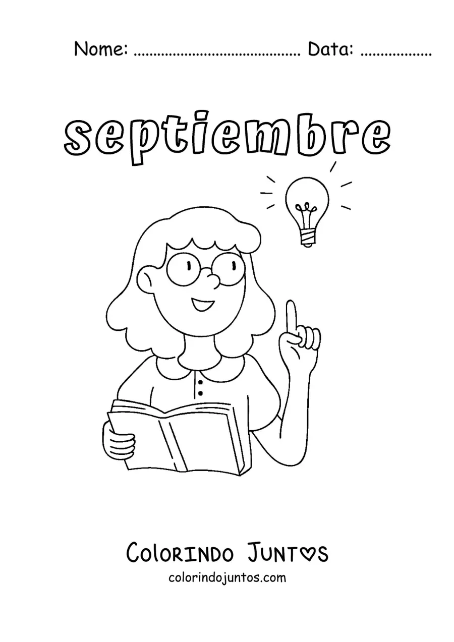 Desenho para colorir de setembro com uma professora ensinando