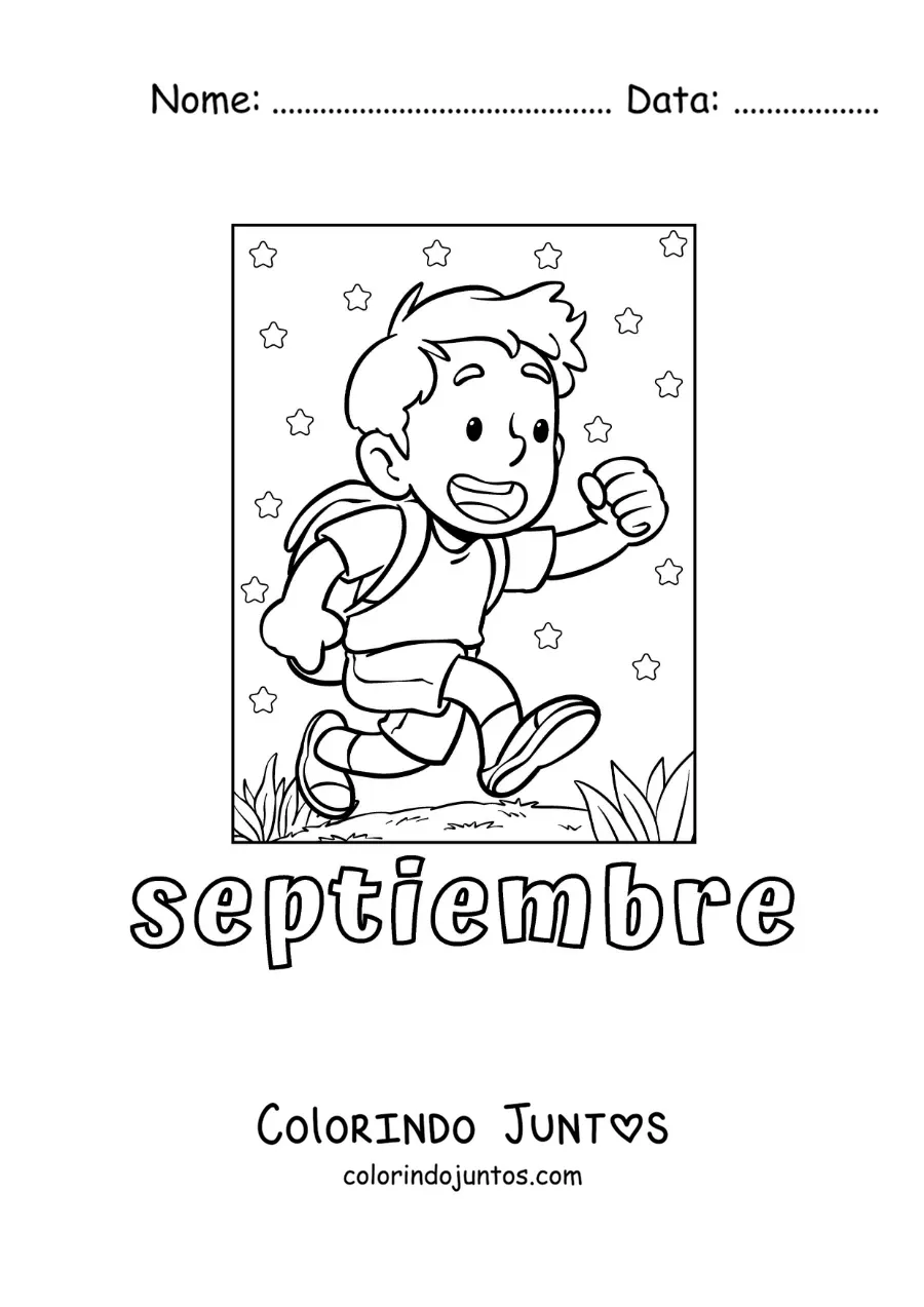 Desenho para colorir de setembro com uma criança a caminho da aula