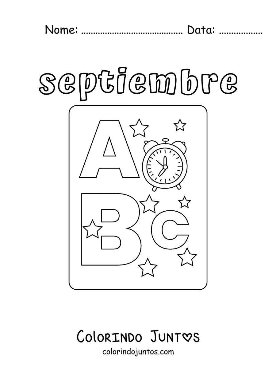 Desenho para colorir de setembro com símbolos alusivos à volta às aulas