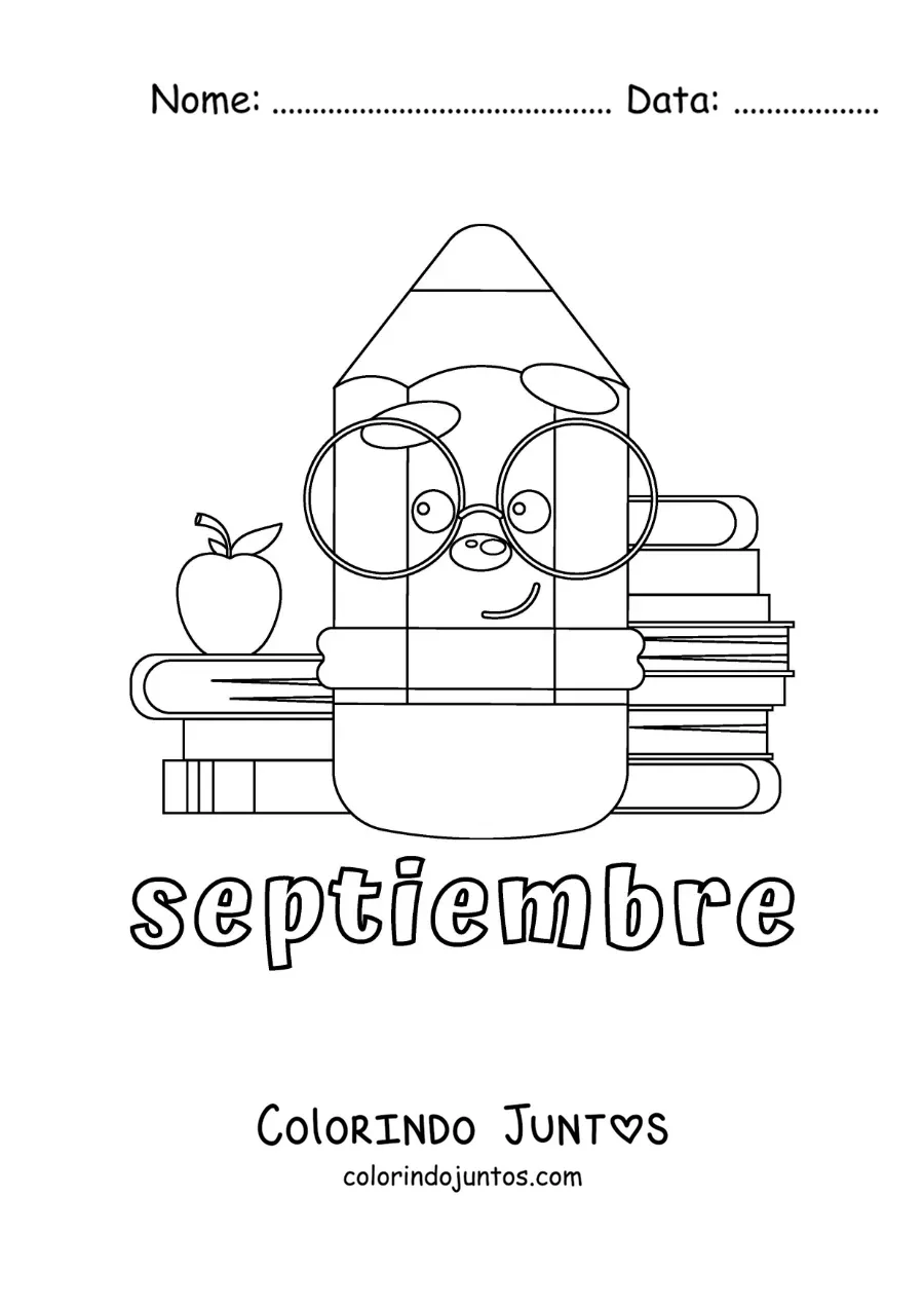 Desenho para colorir de setembro com um lápis animado com material escolar