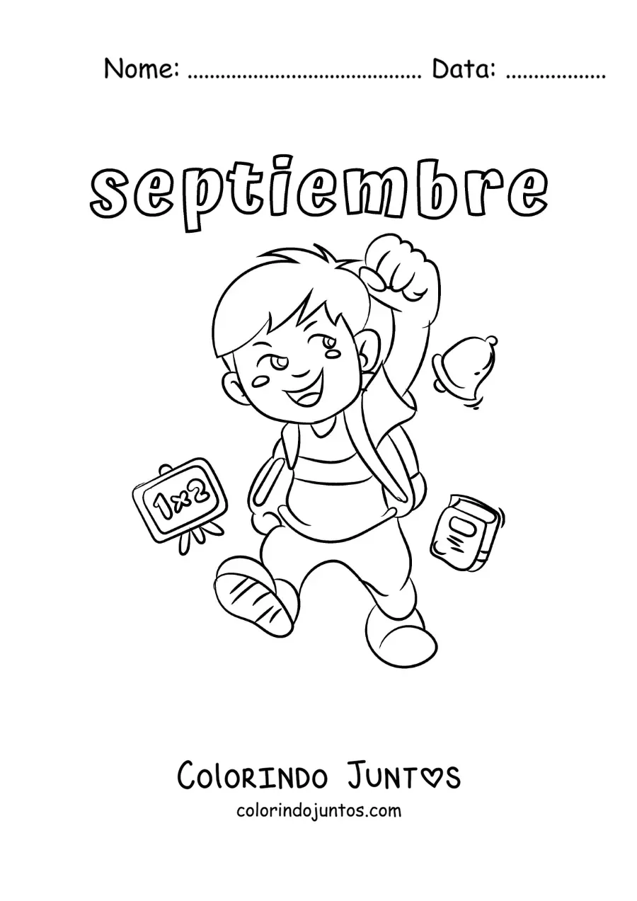 Desenho para colorir de setembro com uma criança de volta às aulas