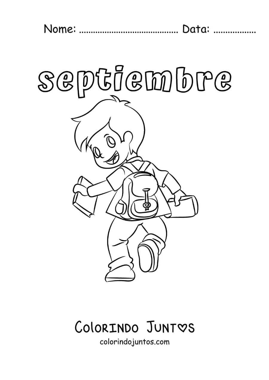 Desenho para colorir de setembro com uma criança a caminho da escola