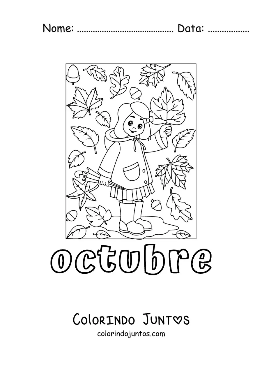 Desenho para colorir de outubro com uma menina com folhas de outono