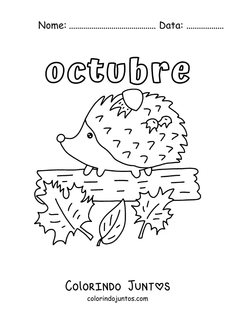 Desenho para colorir de outubro com um porco-espinho com folhas de outono