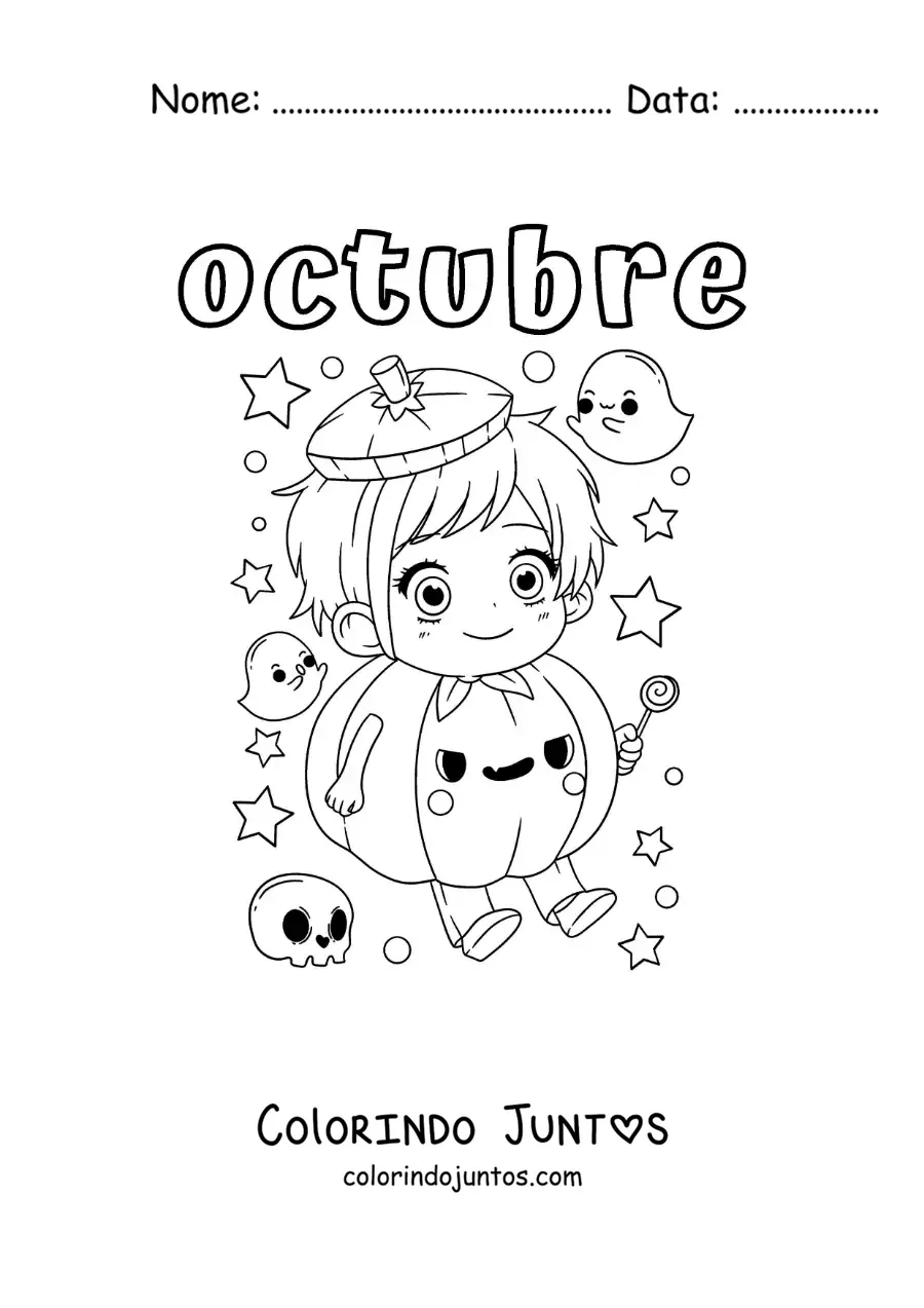 Desenho para colorir de outubro com uma criança fantasiada de abóbora kawaii de Halloween