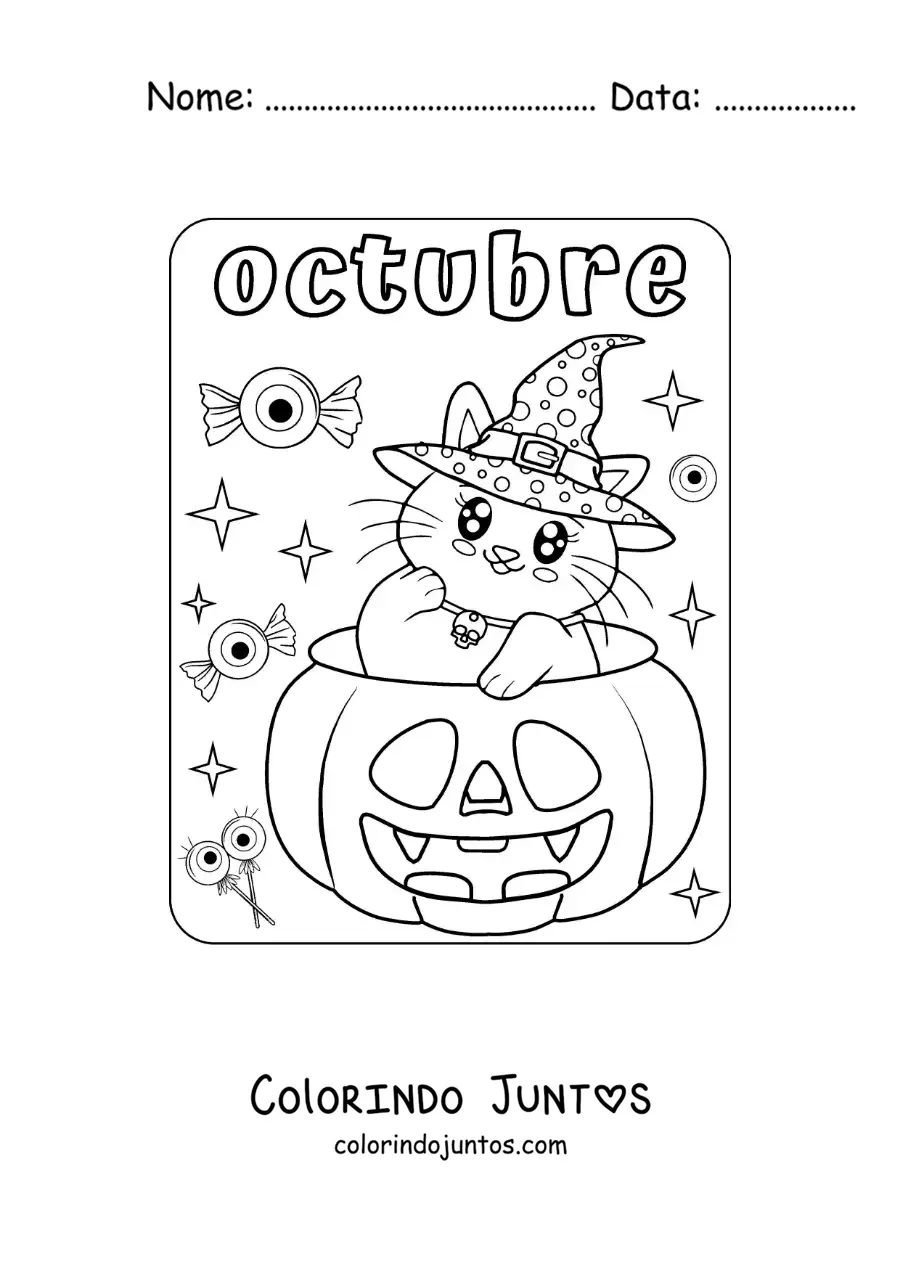 Desenho para colorir de outubro com um gato kawaii dentro de uma abóbora de Halloween