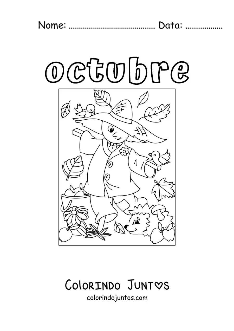 Desenho para colorir de outubro com um espantalho animado de outono
