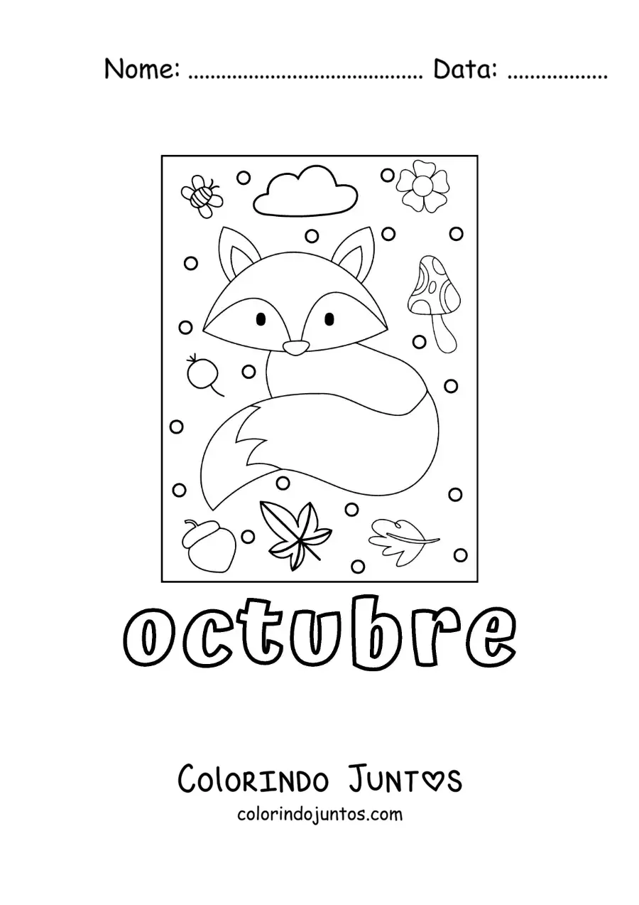 Desenho para colorir de outubro com uma raposa com folhas de outono