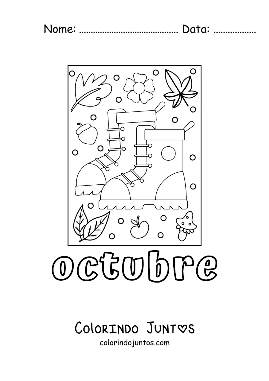 Desenho para colorir de outubro com um par de botas com folhas de outono
