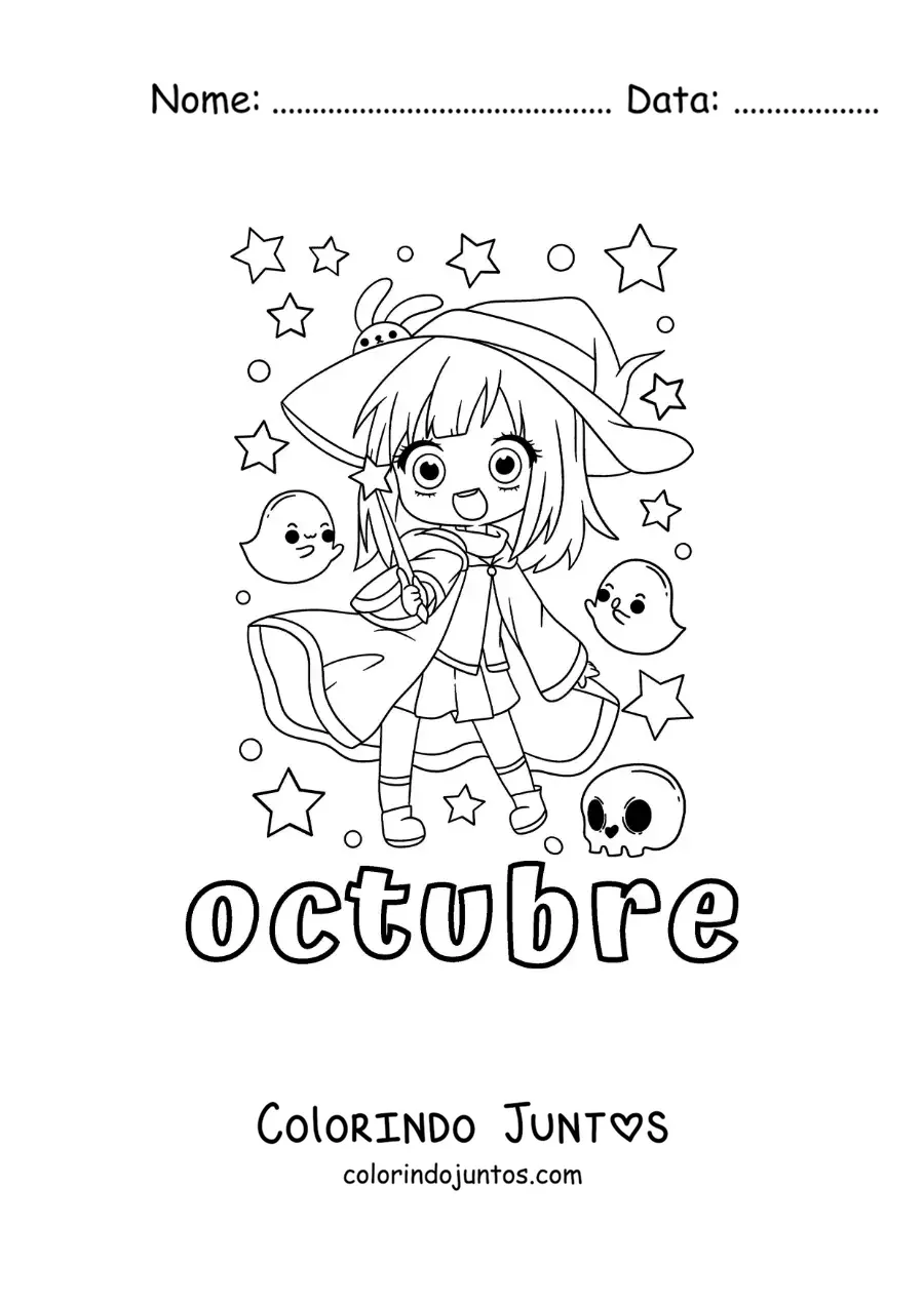 Desenho para colorir de outubro com uma menina fantasiada de bruxa kawaii de Halloween