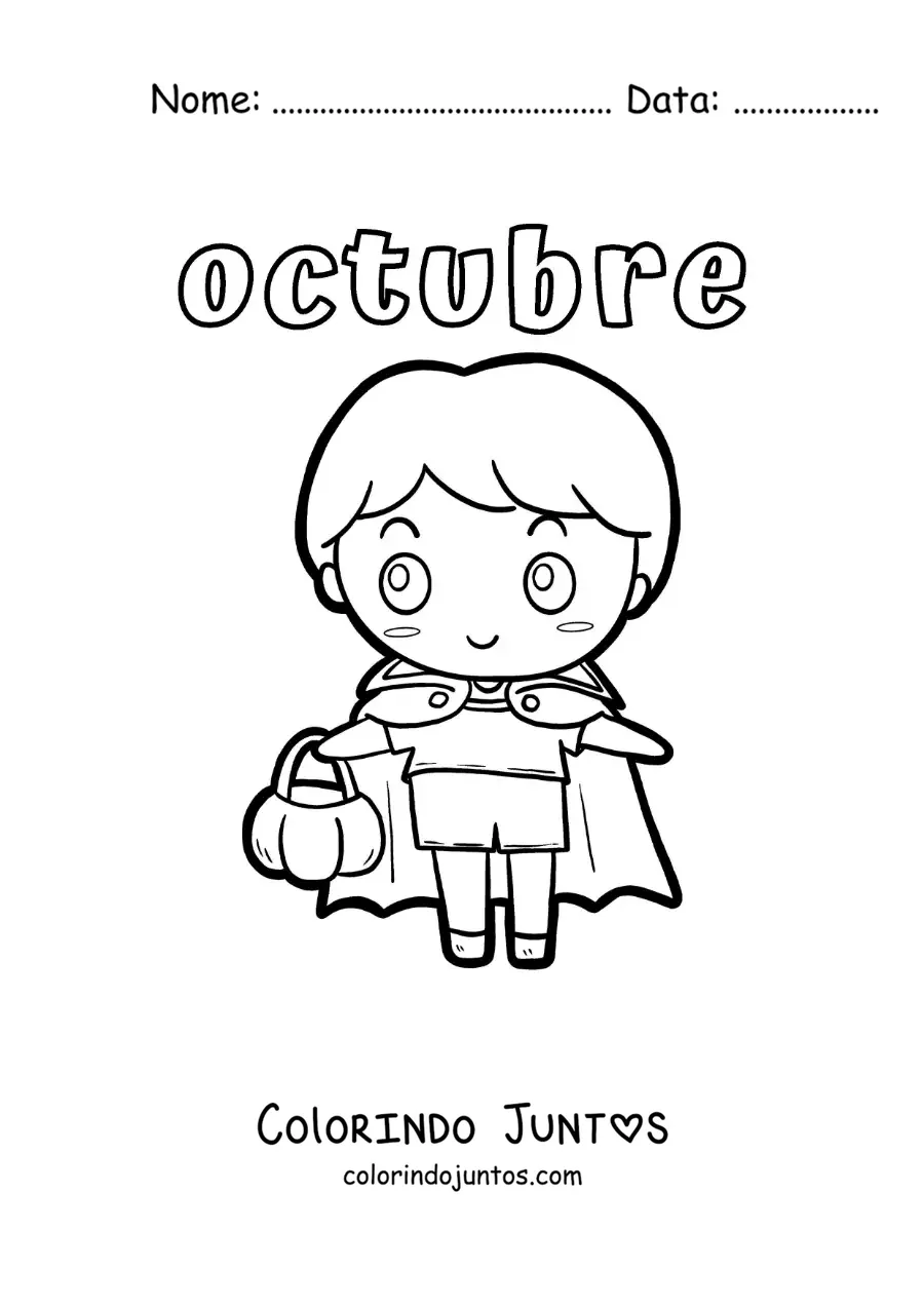 Desenho para colorir de outubro com um menino animado fantasiado de vampiro de Halloween