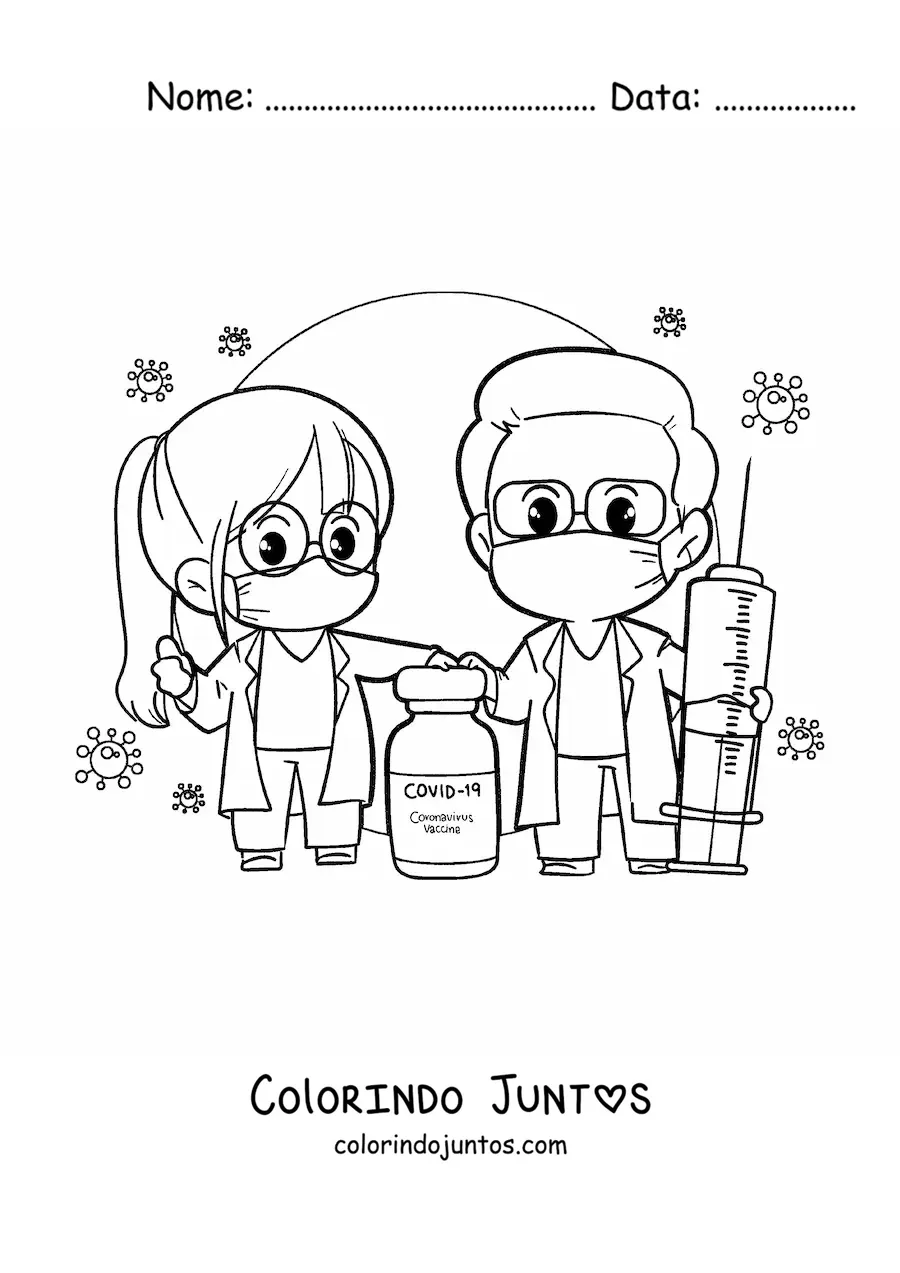 Desenho para colorir de dois medicos animados kawaii com a vacina contra o coronavirus