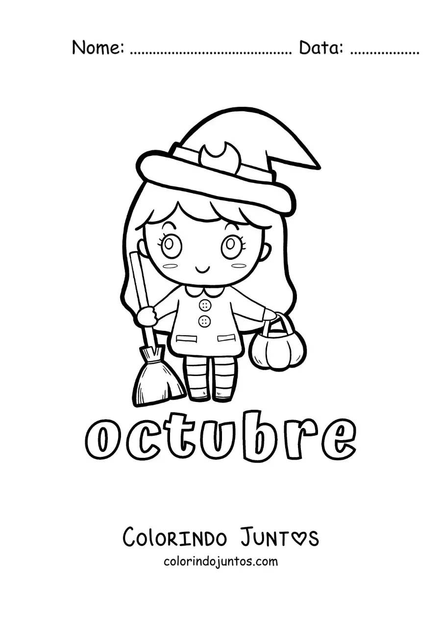 Desenho para colorir de outubro com uma menina animada fantasiada de bruxa de Halloween