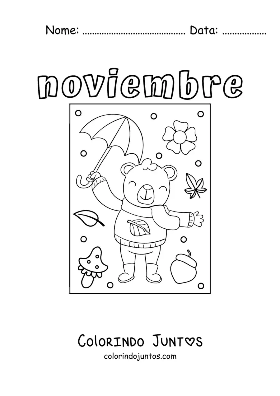Desenho para colorir de novembro com um urso animado com um casaco de outono