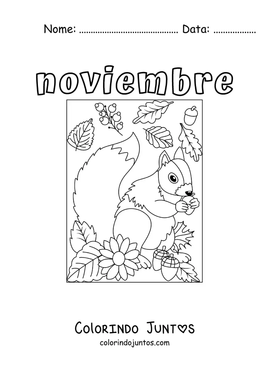 Desenho para colorir de novembro com um esquilo com folhas de outono