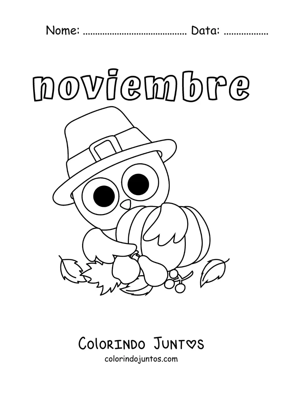 Desenho para colorir de novembro com uma coruja animada de Ação de Graças