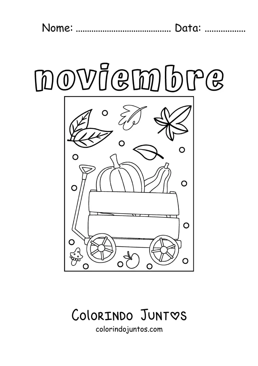 Desenho para colorir de novembro com uma carroça cheia de abóboras de outono