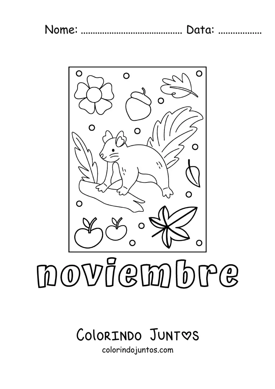 Desenho para colorir de novembro com um esquilo animado com folhas de outono