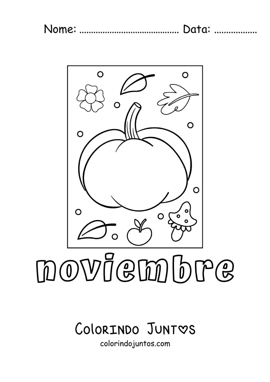 Desenho para colorir de novembro com uma abóbora com folhas de outono