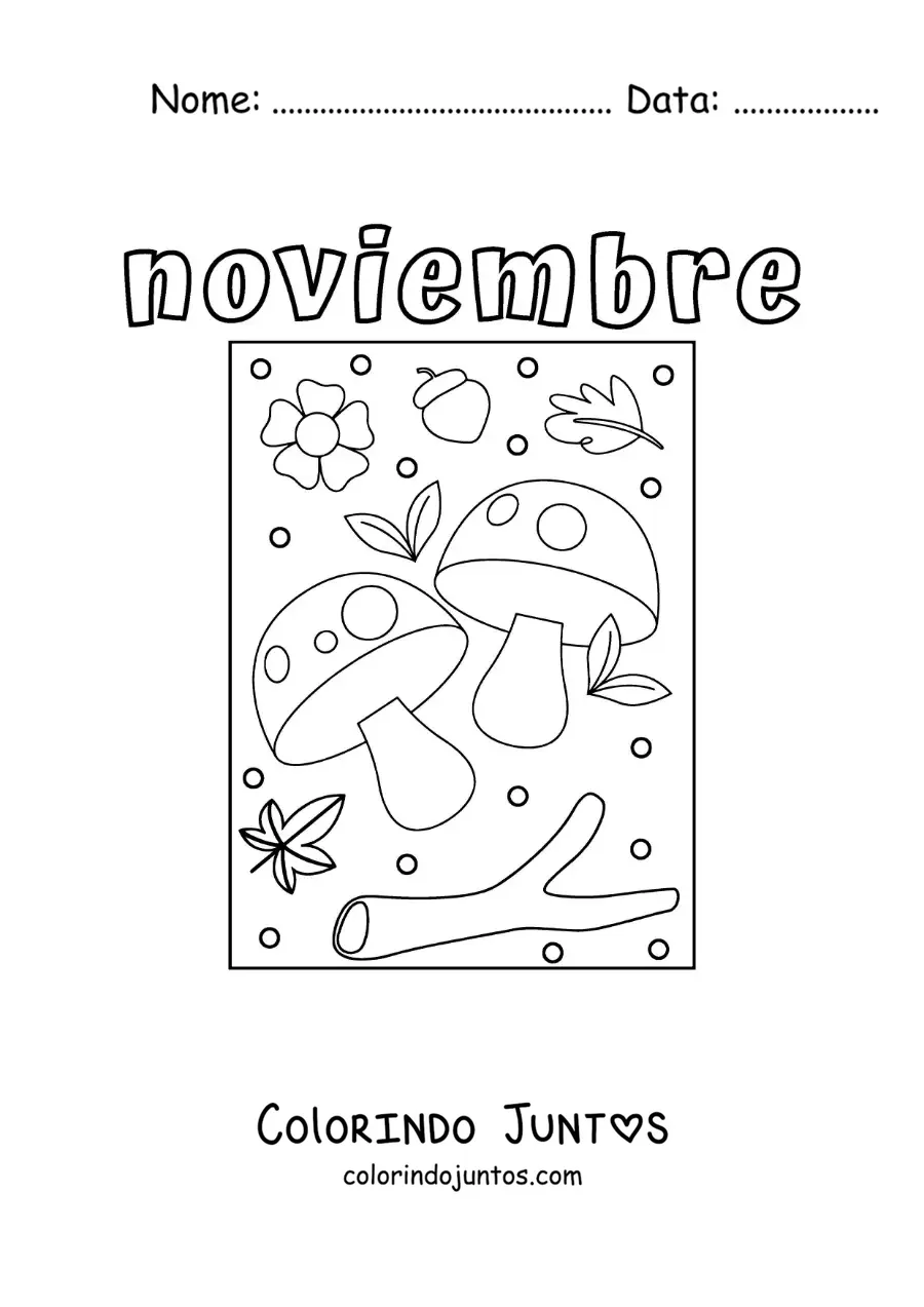 Desenho para colorir de novembro com cogumelos e folhas de outono