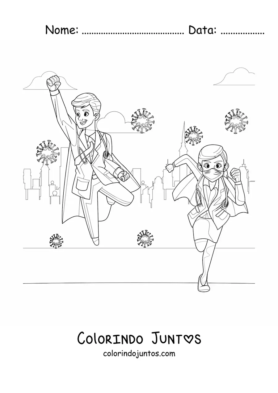 Desenho para colorir de dois medicos super-herois lutando contra o coronavirus