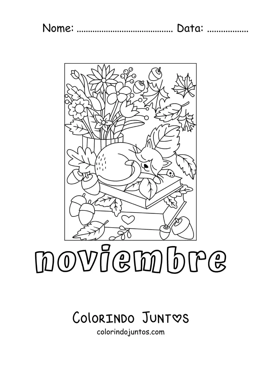 Desenho para colorir de novembro com um gato dormindo sobre uma pilha de livros no outono