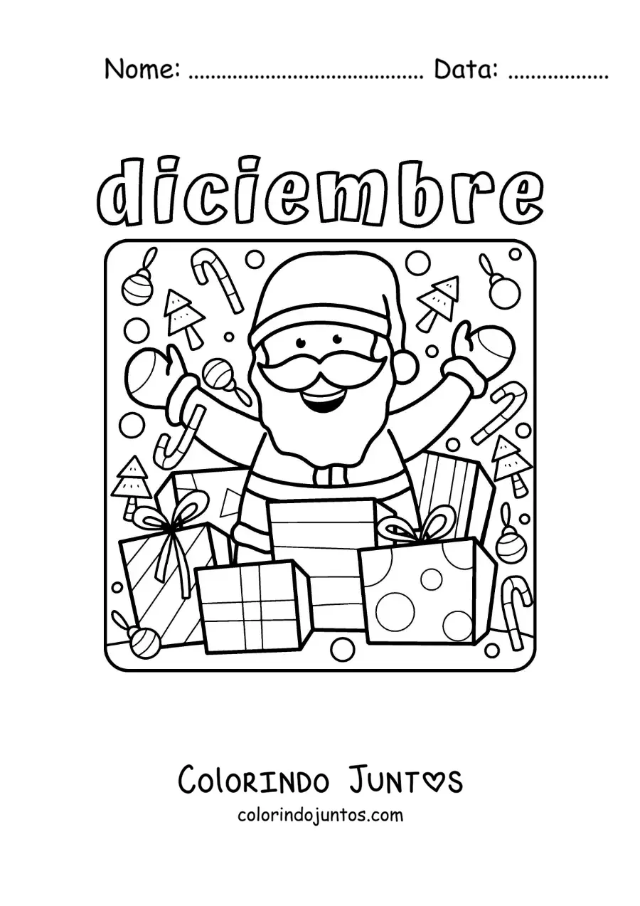 Desenho para colorir de dezembro com Papai Noel animado com presentes