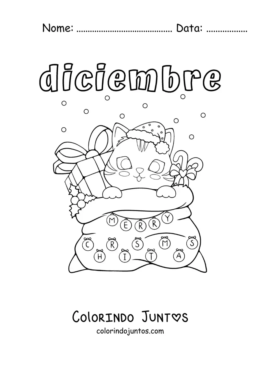 Desenho para colorir de dezembro com um gato animado em um saco de presentes