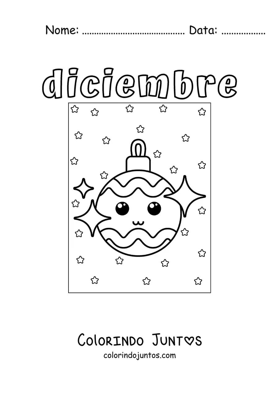 Desenho para colorir de dezembro com um enfeite de Natal kawaii animado
