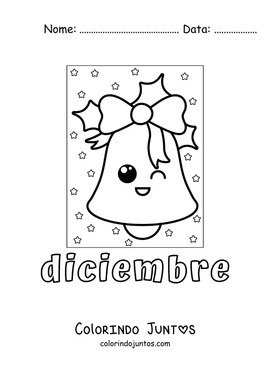 Desenho para colorir de dezembro com um sino de Natal kawaii animado