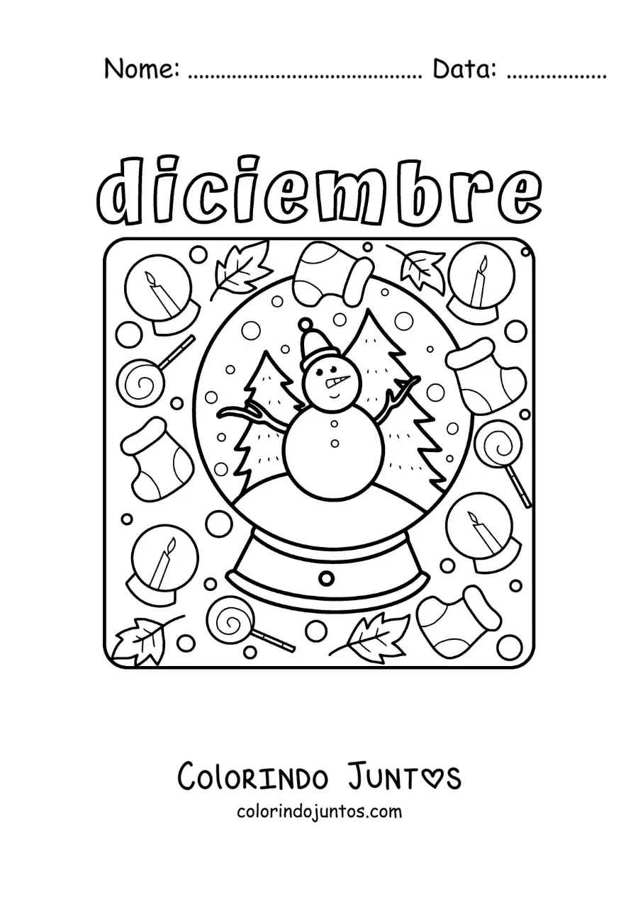 Desenho para colorir de dezembro com um globo de neve animado