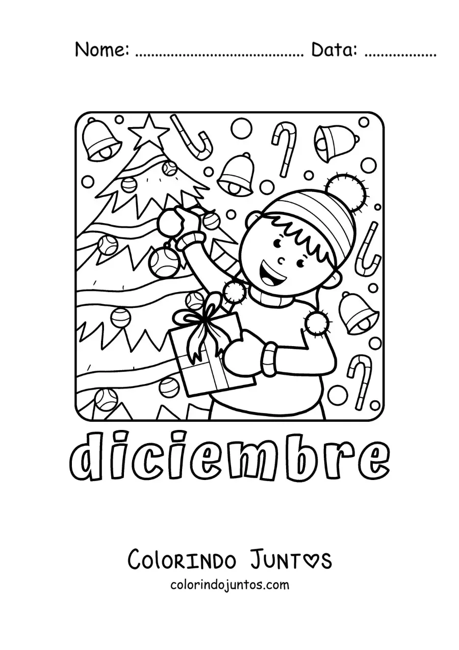 Desenho para colorir de dezembro com uma criança com presentes ao lado da árvore de Natal