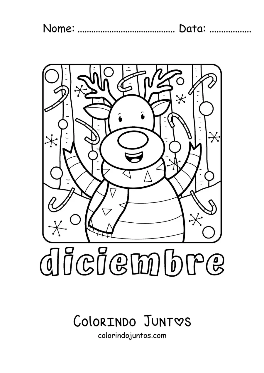 Desenho para colorir de dezembro com uma rena de Natal animada