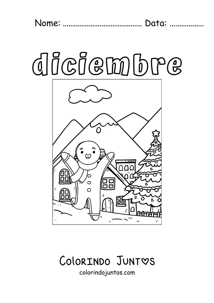 Desenho para colorir de dezembro com um boneco de gengibre de Natal animado