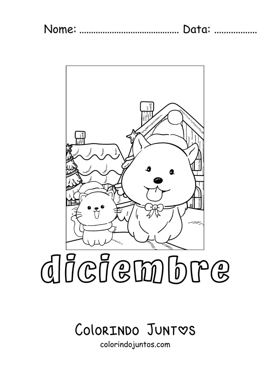 Desenho para colorir de dezembro com um cachorro e um gato natalinos animados
