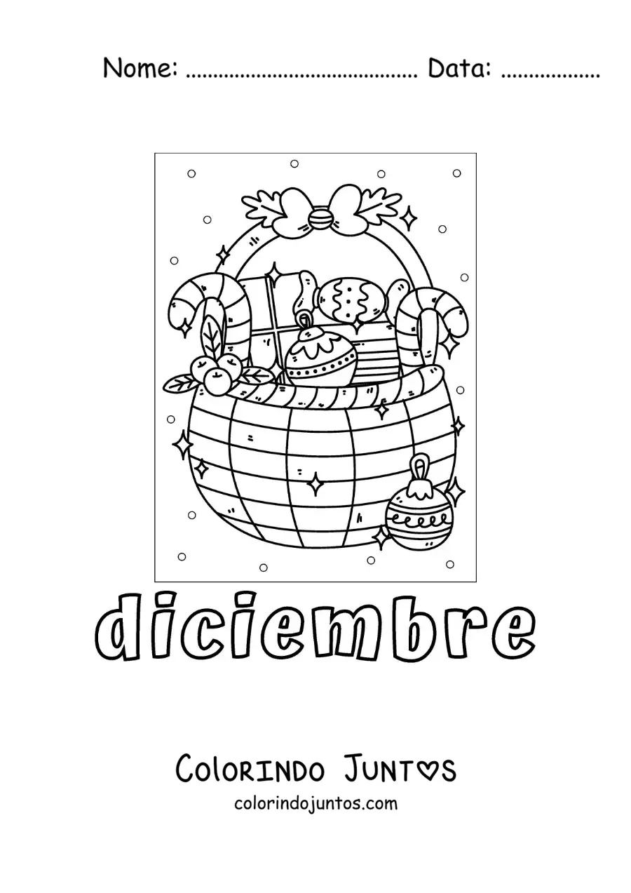 Desenho para colorir de dezembro com uma cesta de presente de Natal
